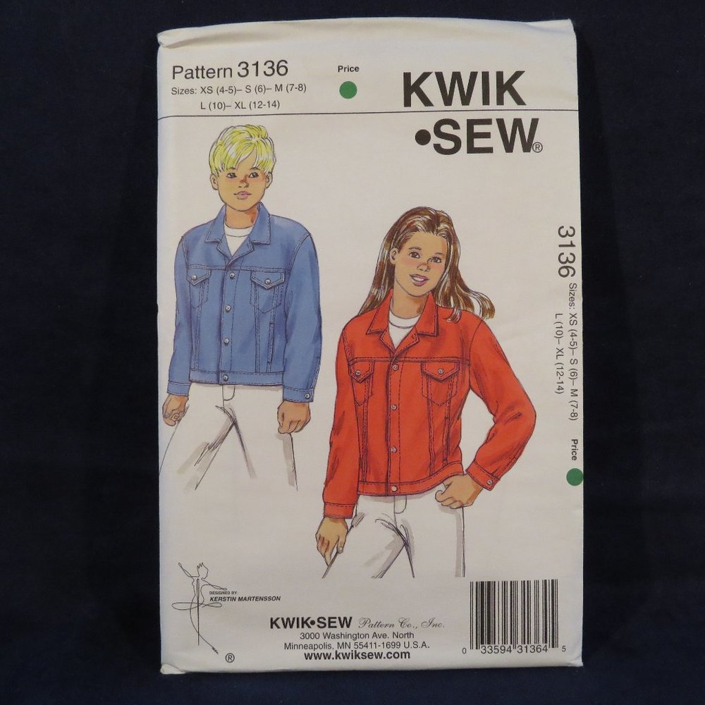 KWIK-SEW 3136 Child's JEAN Jacket Sizes XS-XL UNCUT (#944)